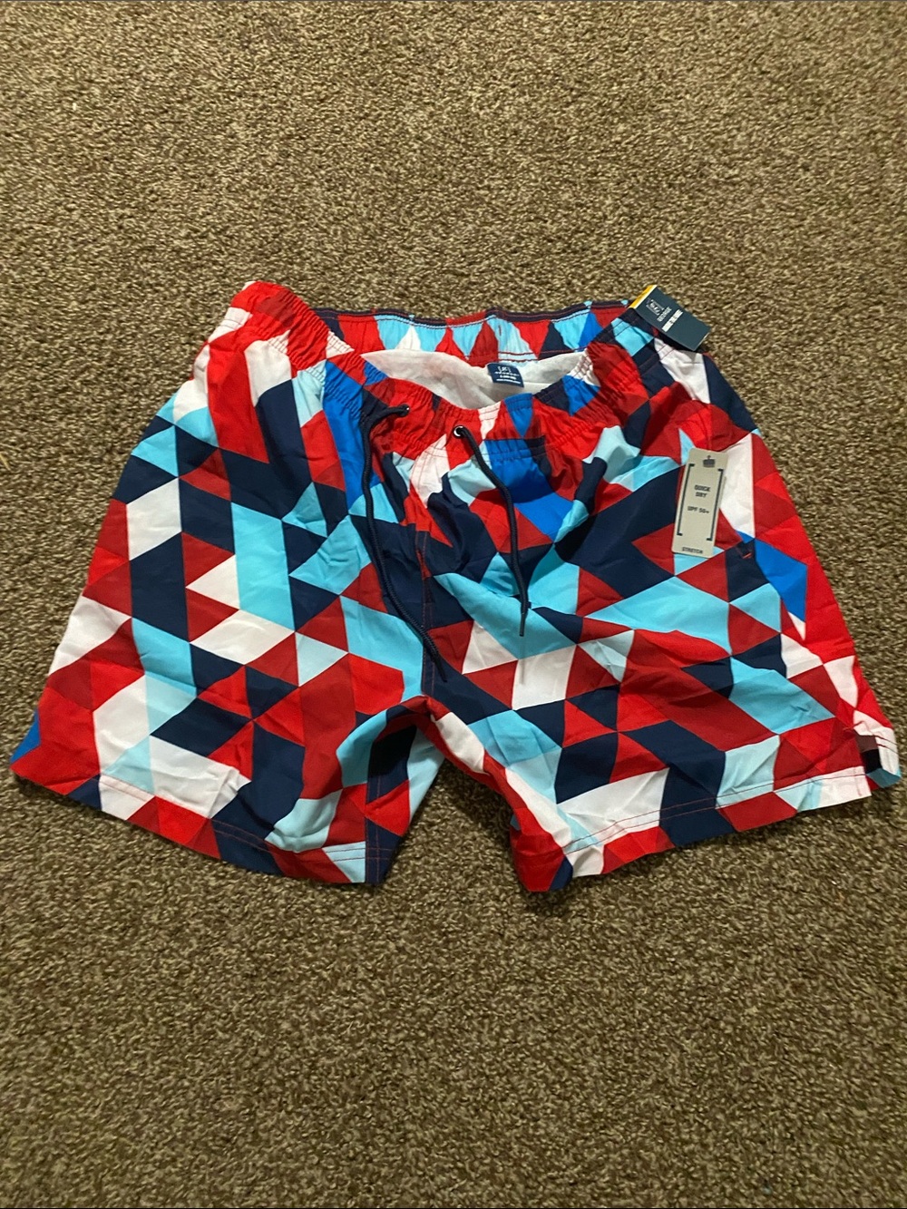 J. Crew Men’s Geometric Swim Trunks in Red, Navy & Light Blue